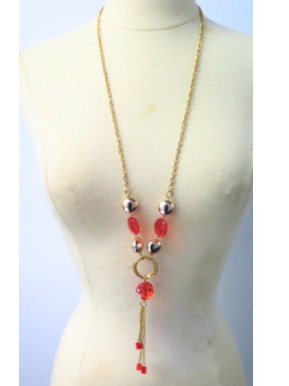 Gold Tone Red Beaded Y Drop Necklace Long Tassel Statement Fashion Jewelry